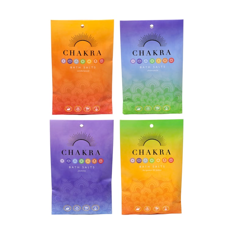 Natural Chakra Bath Salt Set - 4 Essential Oil Fragrances, Vegan & Palm Oil Free