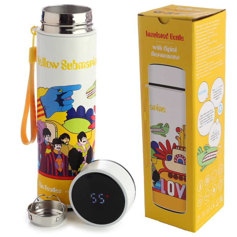 Reusable Insulated Digital Thermometer Bottle - Yellow Submarine, 450ml BPA Free Stainless Steel Water Bottle