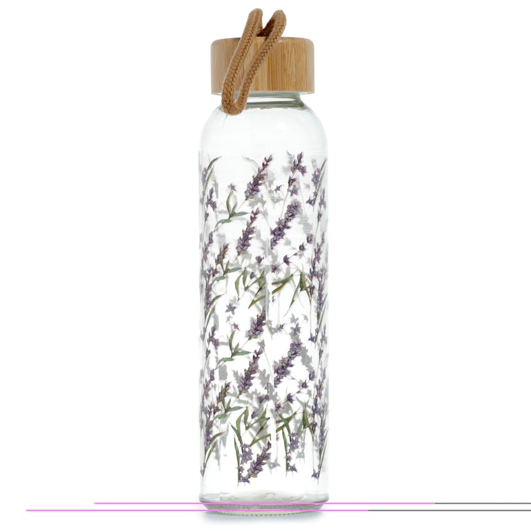 Reusable Glass Water Bottle - Lavender Fields 500ml Food Safe Bamboo Lid Water Bottle