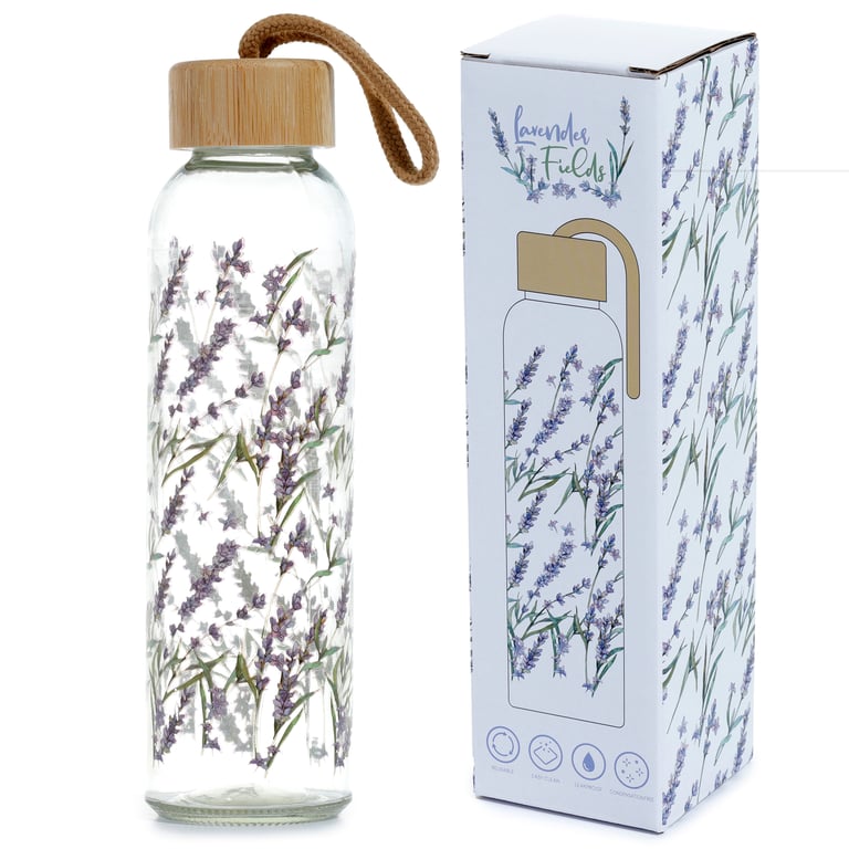 Reusable Glass Water Bottle - Lavender Fields 500ml Food Safe Bamboo Lid Water Bottle