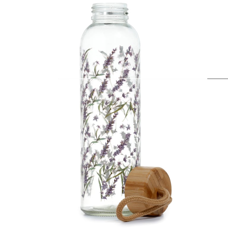 Reusable Glass Water Bottle - Lavender Fields 500ml Food Safe Bamboo Lid Water Bottle