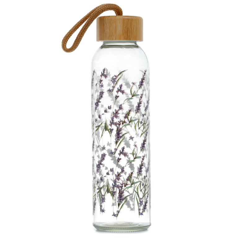 Reusable Glass Water Bottle - Lavender Fields 500ml Food Safe Bamboo Lid Water Bottle