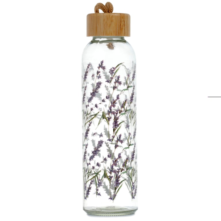 Reusable Glass Water Bottle - Lavender Fields 500ml Food Safe Bamboo Lid Water Bottle