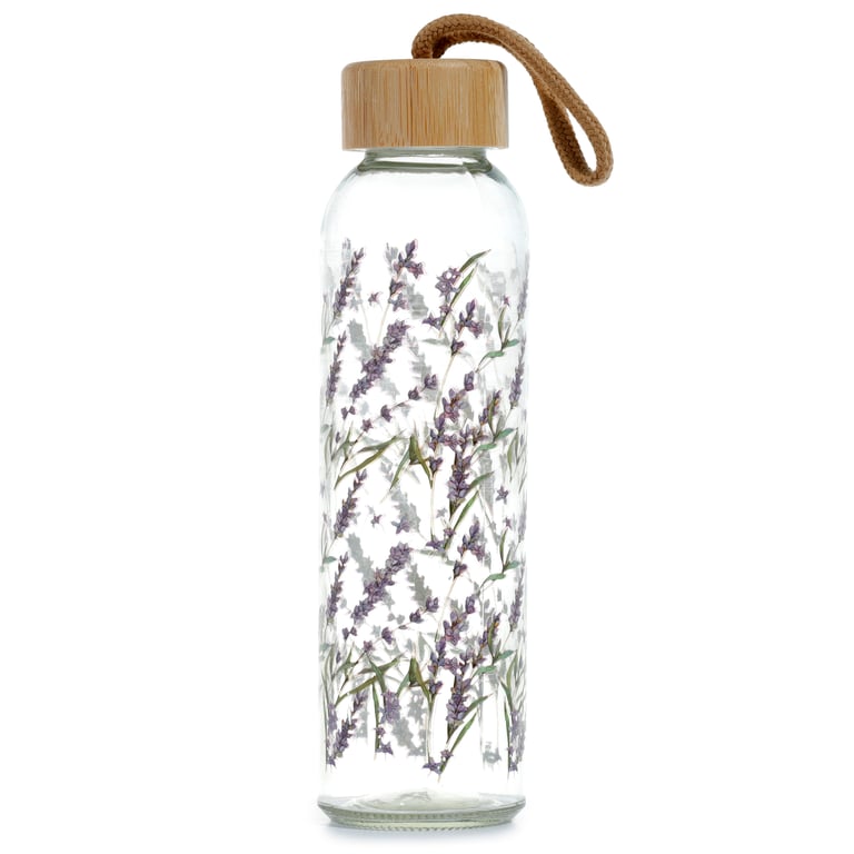 Reusable Glass Water Bottle - Lavender Fields 500ml Food Safe Bamboo Lid Water Bottle