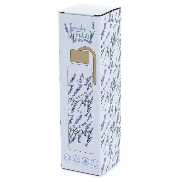 Reusable Glass Water Bottle - Lavender Fields 500ml Food Safe Bamboo Lid Water Bottle