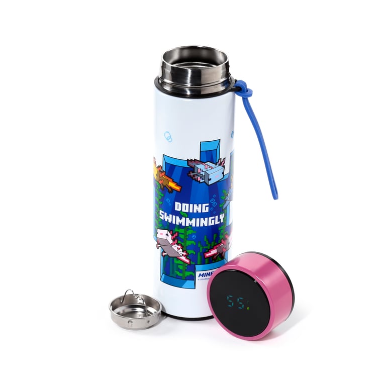 Minecraft Axolotl Reusable Insulated Digital Thermometer Bottle - 450ml BPA Free Stainless Steel