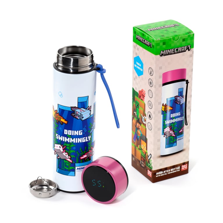 Minecraft Axolotl Reusable Insulated Digital Thermometer Bottle - 450ml BPA Free Stainless Steel
