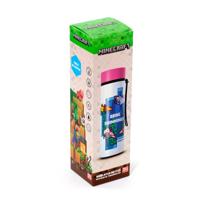 Minecraft Axolotl Reusable Insulated Digital Thermometer Bottle - 450ml BPA Free Stainless Steel