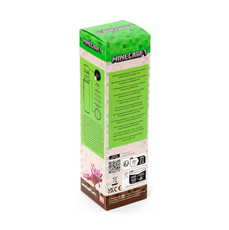 Minecraft Axolotl Reusable Insulated Digital Thermometer Bottle - 450ml BPA Free Stainless Steel