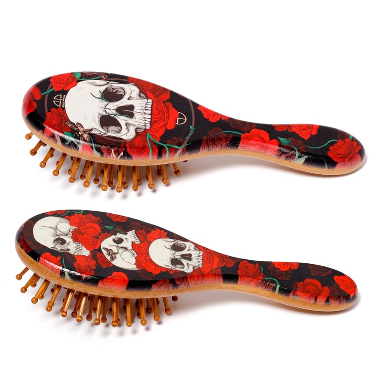 100 Bamboo Natural Hairbrush - Skulls and Roses Design