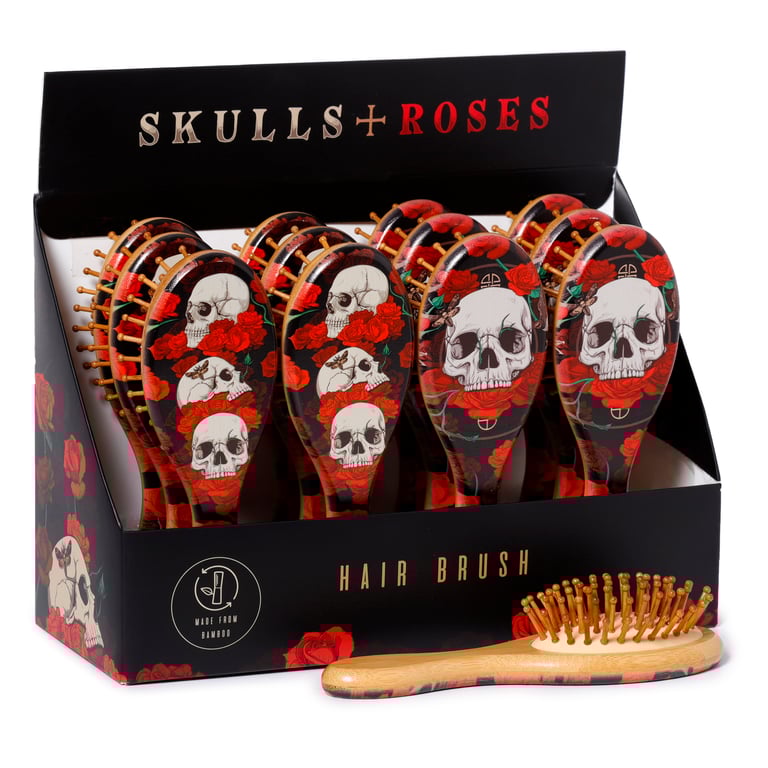 100 Bamboo Natural Hairbrush - Skulls and Roses Design