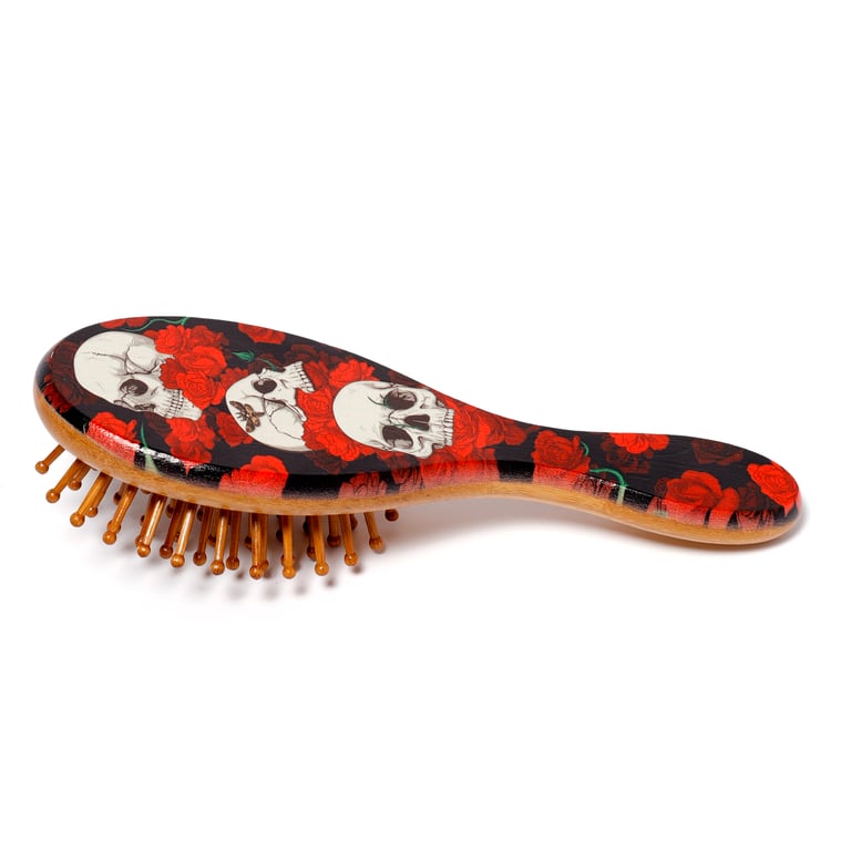 100 Bamboo Natural Hairbrush - Skulls and Roses Design