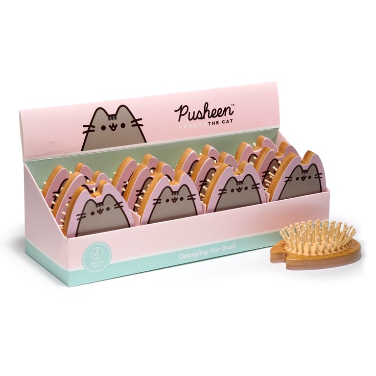 Bamboo Shaped Pusheen Cat Hair Brush - Licensed Natural Wood Grooming Tool