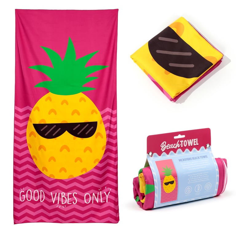 Microfibre Beach Towel - Good Vibes Pineapple, 90 Polyester and Acrylic Free