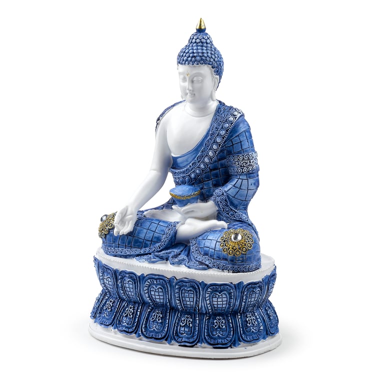 Decorative White & Blue Thai Buddha - Lotus Resin Statue Home Decor