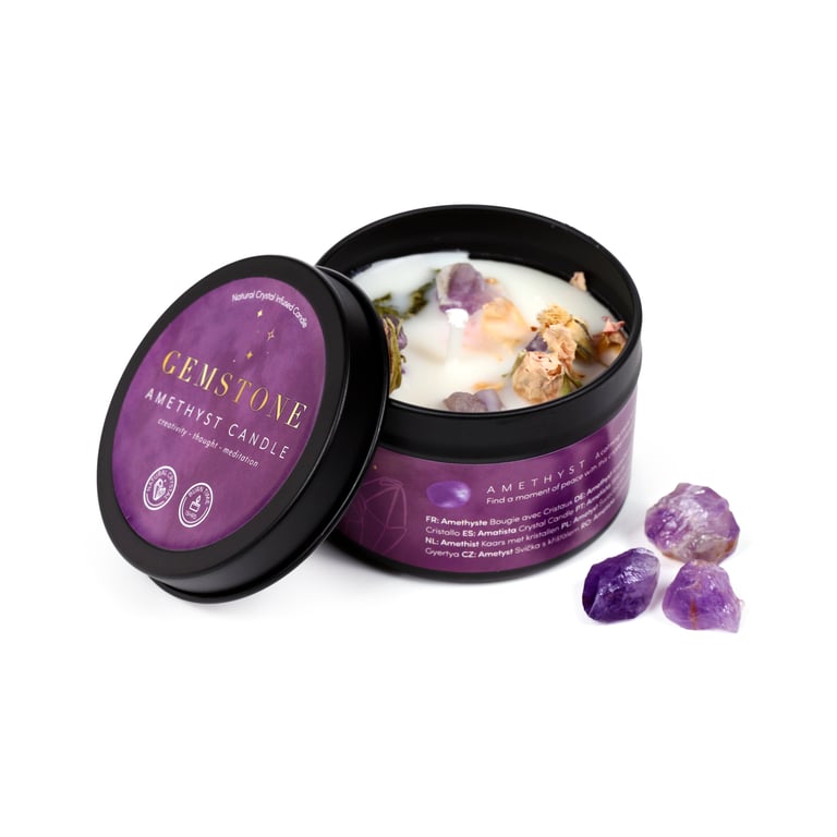Crystal Gemstone & Dried Flower Beeswax Soy Candle - 15 Hour Burn Time