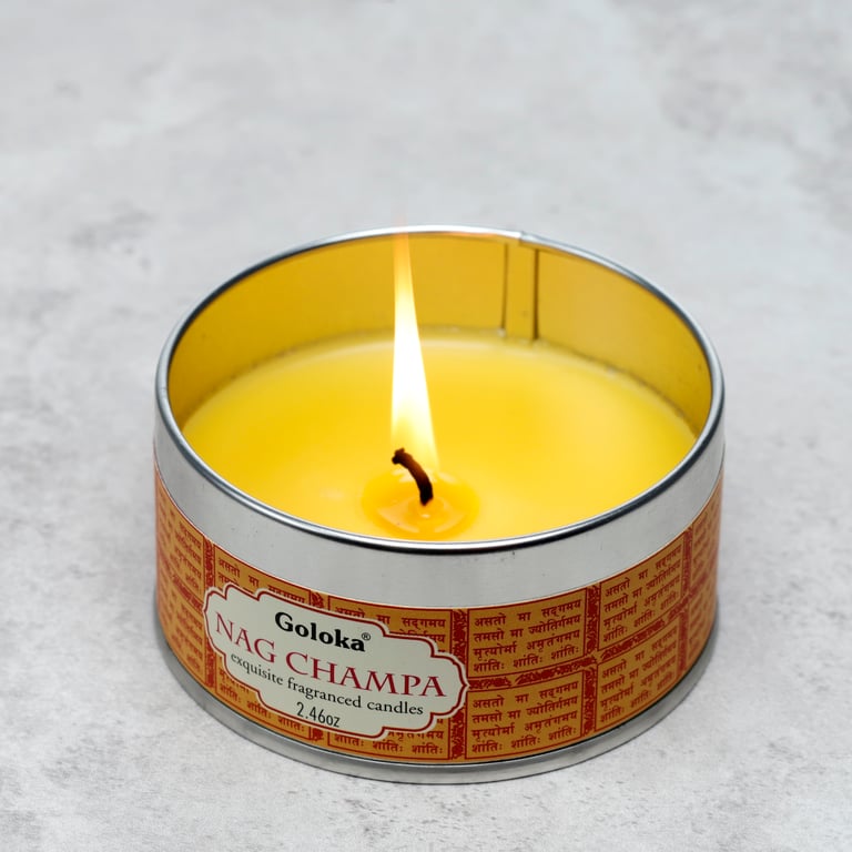 Goloka Wax Candle Tin - Nag Champa Scented Candle - 6 Hour Burn Time, Eco-Friendly Soy and Palm Wax Mix