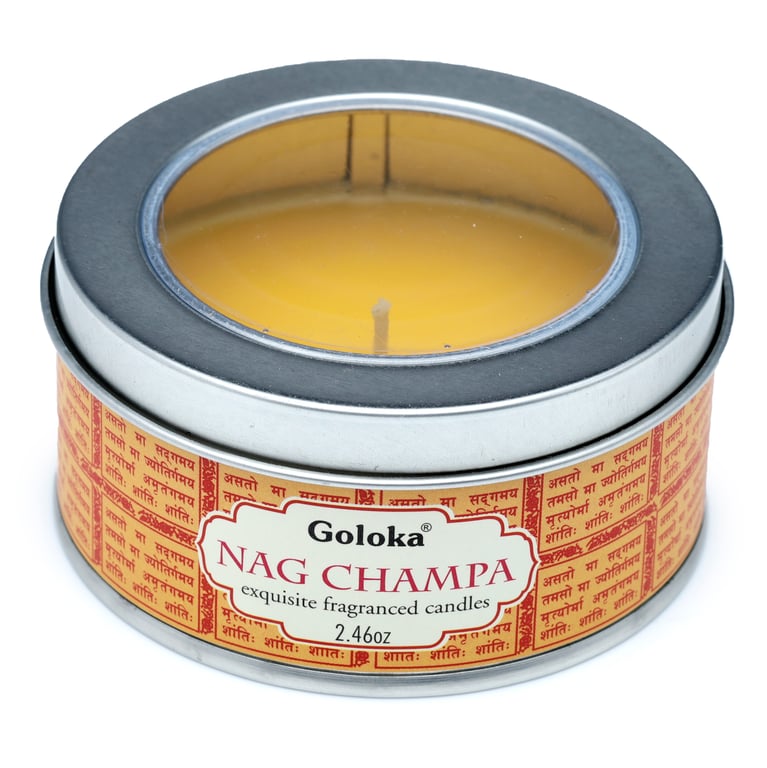 Goloka Wax Candle Tin - Nag Champa Scented Candle - 6 Hour Burn Time, Eco-Friendly Soy and Palm Wax Mix