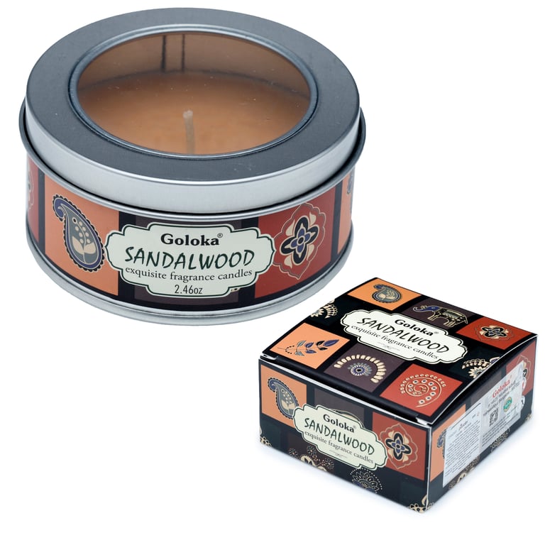 Goloka Wax Candle Tin - Ethical Sandalwood Scented Paraffin Soy Palm Wax Blend, 6 Hour Burn Time