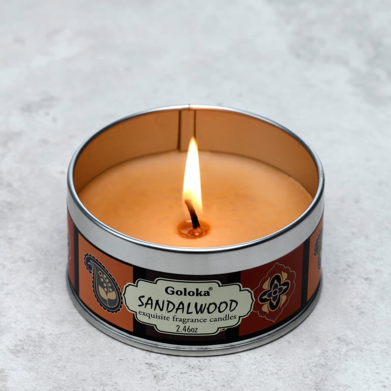 Goloka Wax Candle Tin - Ethical Sandalwood Scented Paraffin Soy Palm Wax Blend, 6 Hour Burn Time