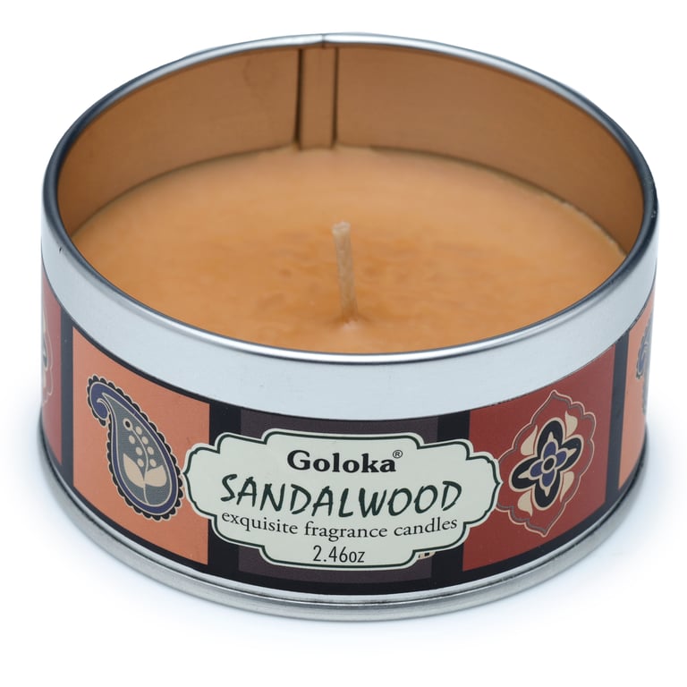 Goloka Wax Candle Tin - Ethical Sandalwood Scented Paraffin Soy Palm Wax Blend, 6 Hour Burn Time