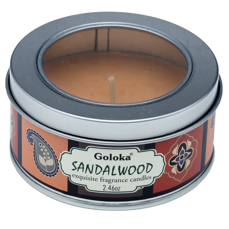 Goloka Wax Candle Tin - Ethical Sandalwood Scented Paraffin Soy Palm Wax Blend, 6 Hour Burn Time