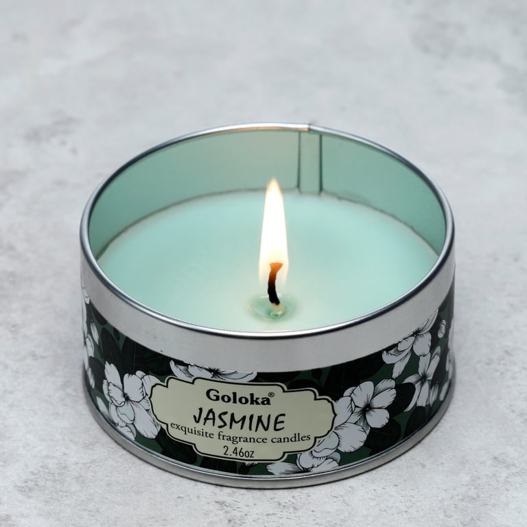 Goloka Jasmine Wax Candle Tin - Ethical Palm Oil Soy Wax Blend, 6-Hour Burn Time