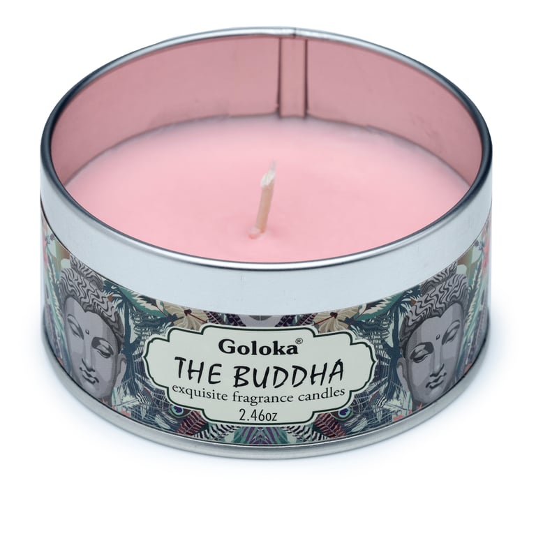 Goloka Wax Candle Tin - The Buddha: Sustainable Paraffin Soy Palm Wax Blend, 6 Hours Burn Time