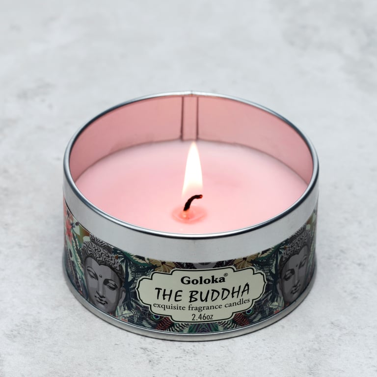 Goloka Wax Candle Tin - The Buddha: Sustainable Paraffin Soy Palm Wax Blend, 6 Hours Burn Time