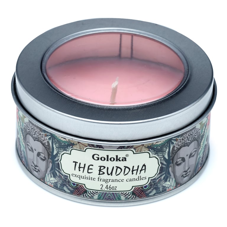 Goloka Wax Candle Tin - The Buddha: Sustainable Paraffin Soy Palm Wax Blend, 6 Hours Burn Time