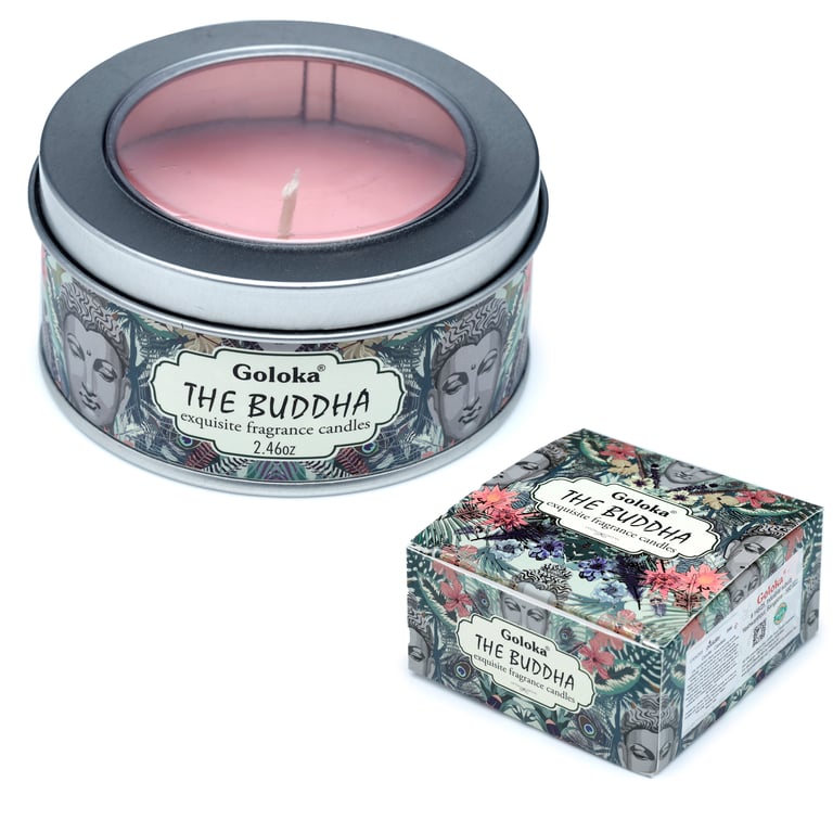 Goloka Wax Candle Tin - The Buddha: Sustainable Paraffin Soy Palm Wax Blend, 6 Hours Burn Time