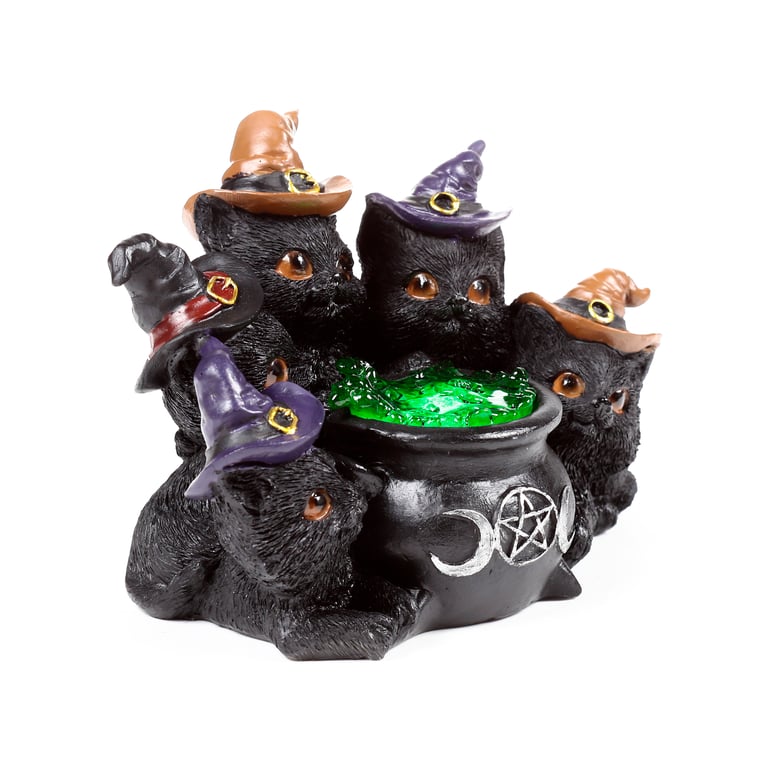 Witches LED Cat - Bubbling Cauldron Figurine with On/Off Switch Light