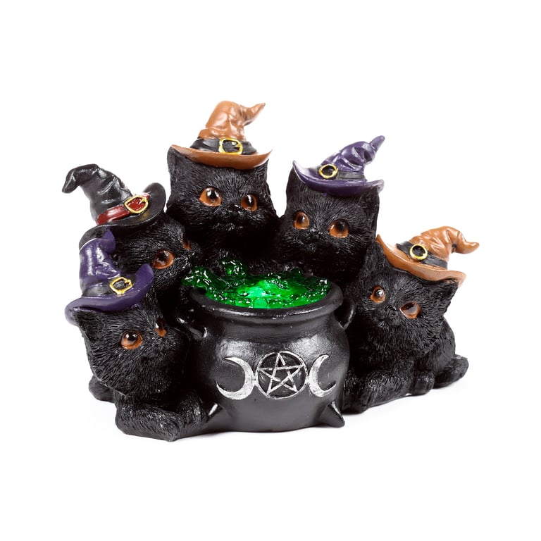Witches LED Cat - Bubbling Cauldron Figurine with On/Off Switch Light