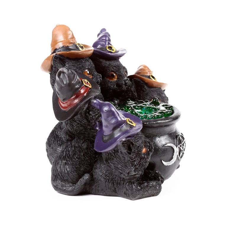 Witches LED Cat - Bubbling Cauldron Figurine with On/Off Switch Light