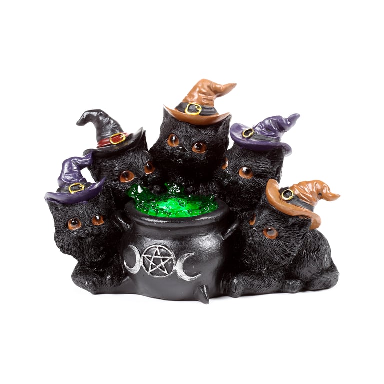 Witches LED Cat - Bubbling Cauldron Figurine with On/Off Switch Light