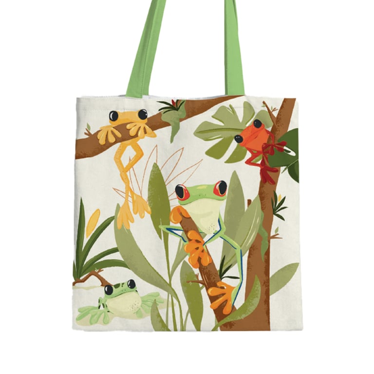 Tropical Tree Frogs Reusable Cotton Polyester Tote Bag - Eco Friendly No Zip