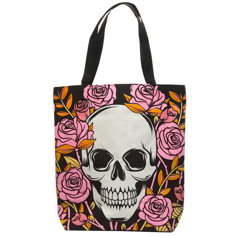 Handy Cotton Zip Up Shopping Bag - Reusable & Water-Resistant Design with Skulls and Roses Pattern