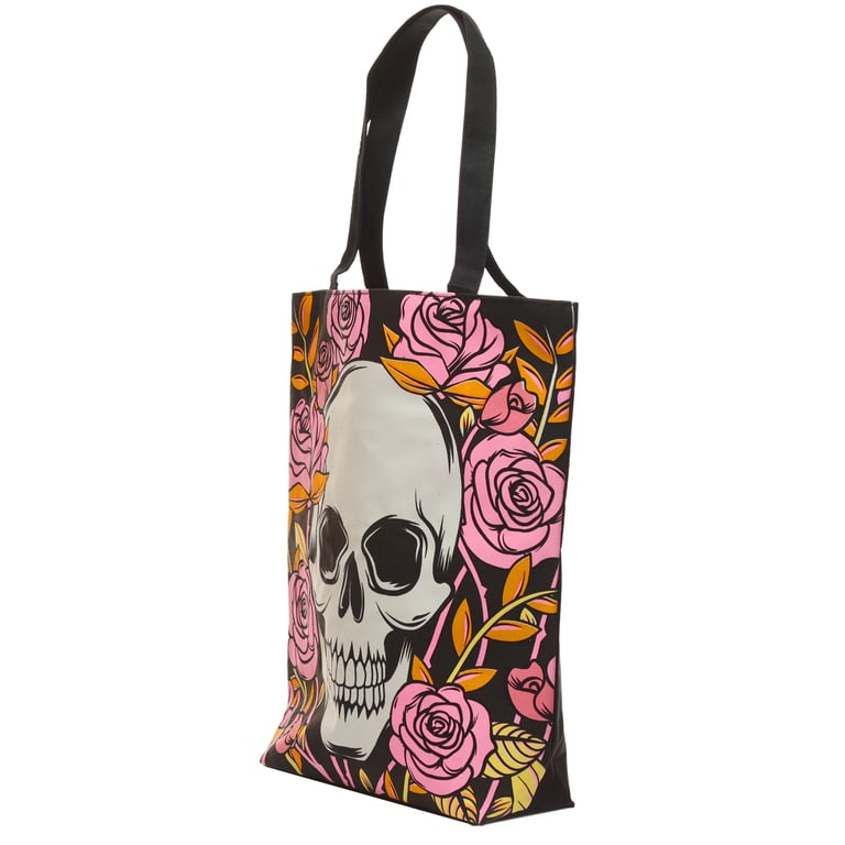 Handy Cotton Zip Up Shopping Bag - Reusable & Water-Resistant Design with Skulls and Roses Pattern
