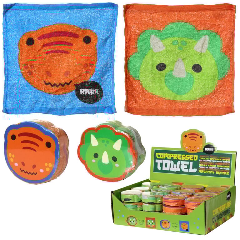 Adoramals Cutiesaurs Dinosaur Compressed Travel Towel - 60 Polyester, Washable & Compact