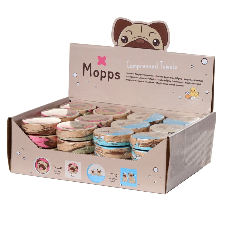 Compressed Travel Towel - Mopps Pug Polyester Cotton Blend with Washing Instructions Included