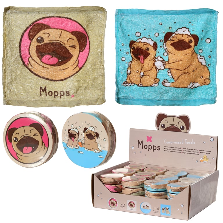 Compressed Travel Towel - Mopps Pug Polyester Cotton Blend with Washing Instructions Included