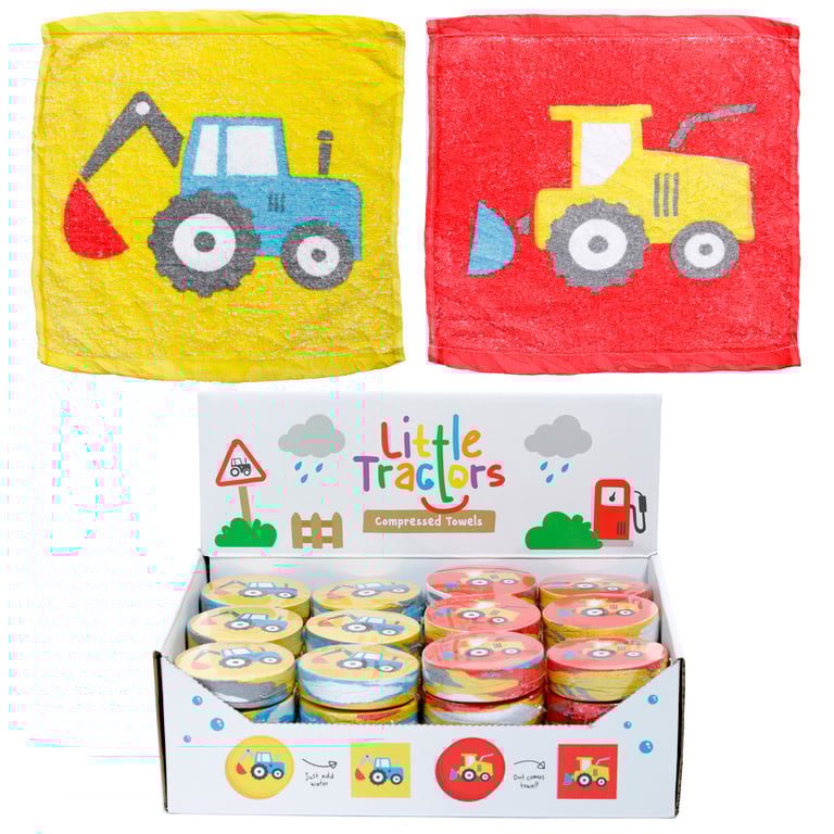 Little Tractors Compressed Polyester Cotton Travel Towel - Washable & Compact
