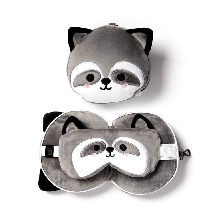 Relaxeazzz Travel Pillow & Eye Mask - Raccoon: Quick Release Polyester Travel Accessory with Novelty Design