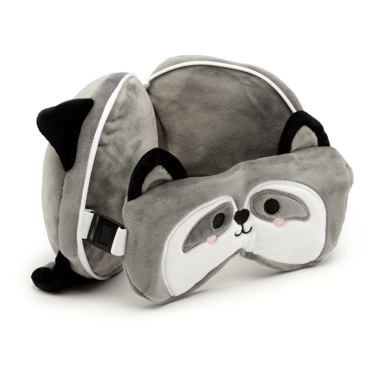 Relaxeazzz Travel Pillow & Eye Mask - Raccoon: Quick Release Polyester Travel Accessory with Novelty Design