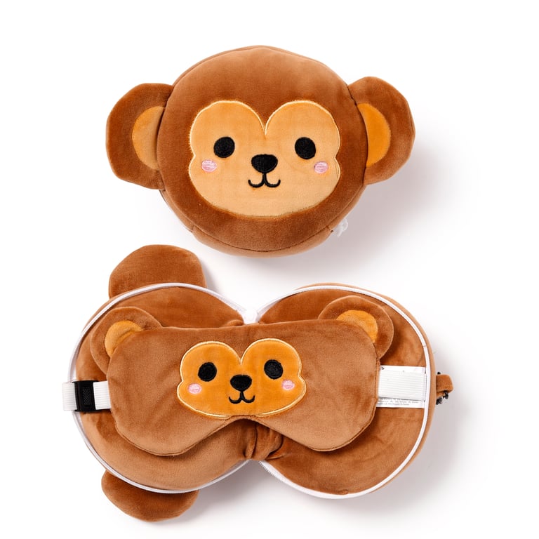 Relaxeazzz Travel Pillow & Eye Mask - Quick Release Polyester Monkey Design
