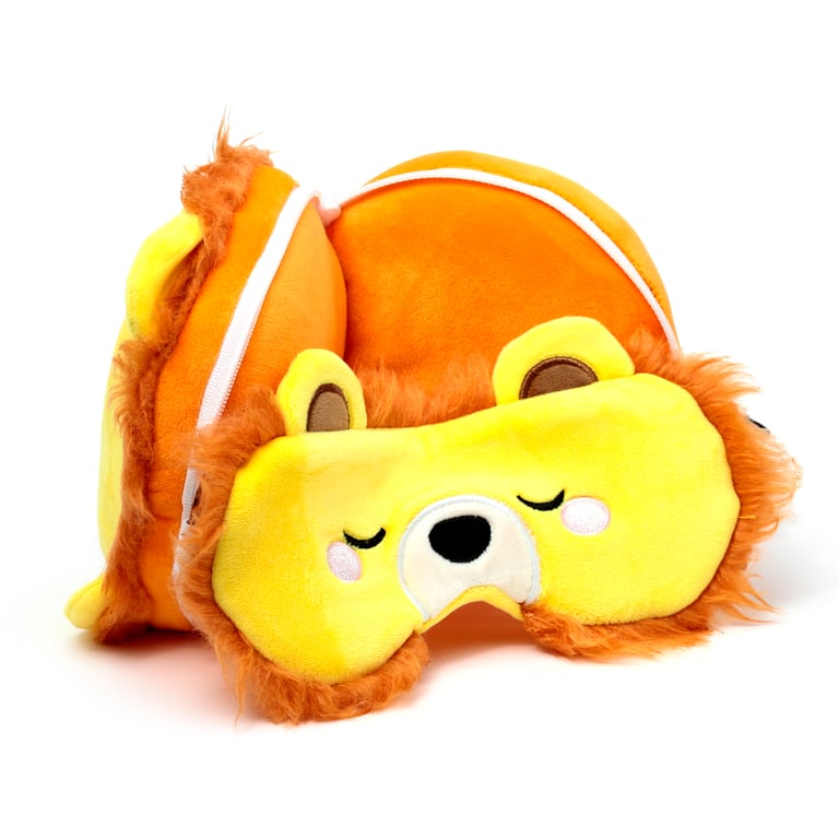 Relaxeazzz Travel Pillow & Eye Mask - Lion with Quick Release and Soft Polyester Material