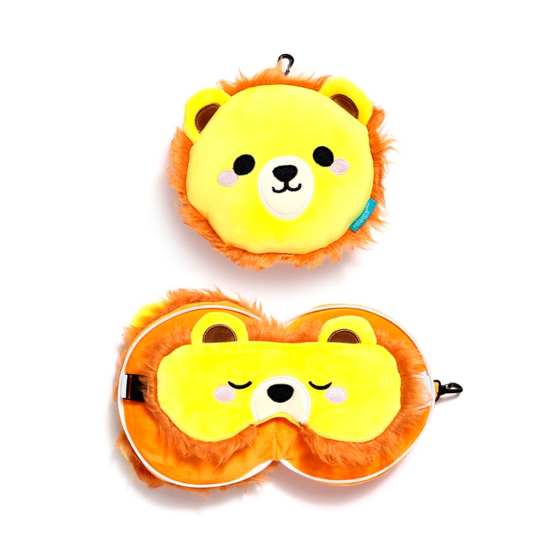 Relaxeazzz Travel Pillow & Eye Mask - Lion with Quick Release and Soft Polyester Material