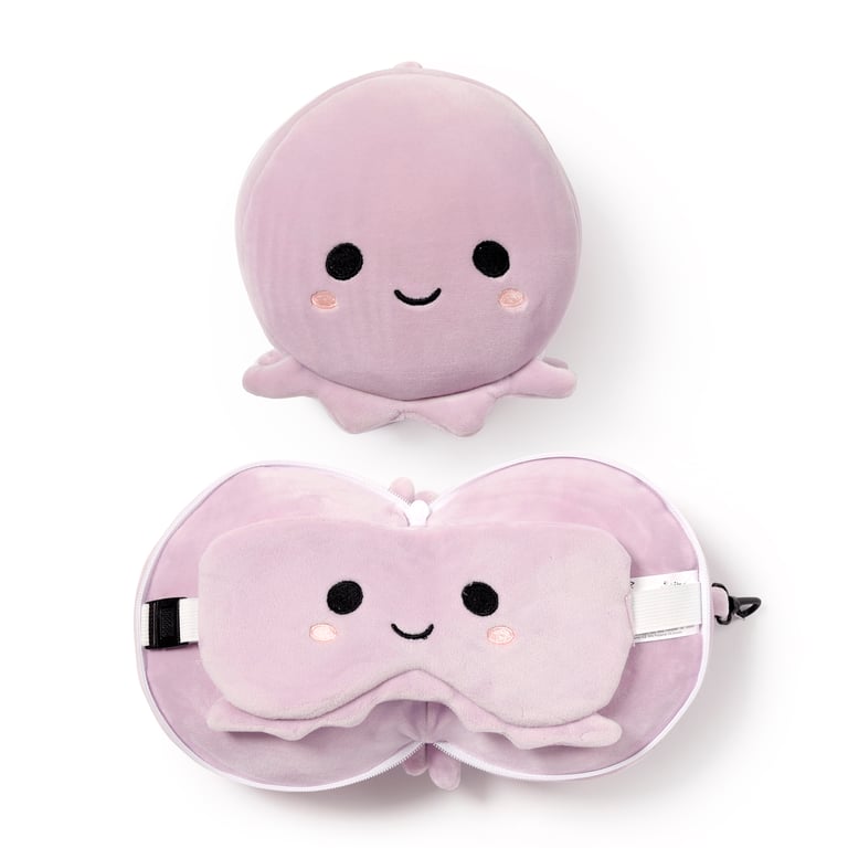 Relaxeazzz Travel Pillow & Eye Mask - Octopus Design with Quick Release and Gift Idea