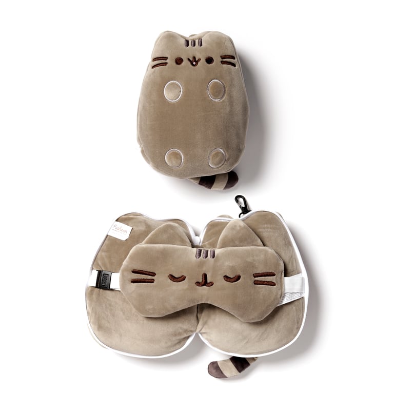 Relaxeazzz Pusheen Cat Shaped Travel Pillow & Eye Mask with Quick Release, Licensed Plush Product