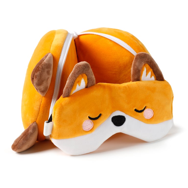 Relaxeazzz Travel Pillow & Eye Mask - Quick Release Polyester Design Featuring Finnick the Fox